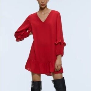 New Zar Red Ruffle Long Sleeve Mini Shift Dress | Size XS
